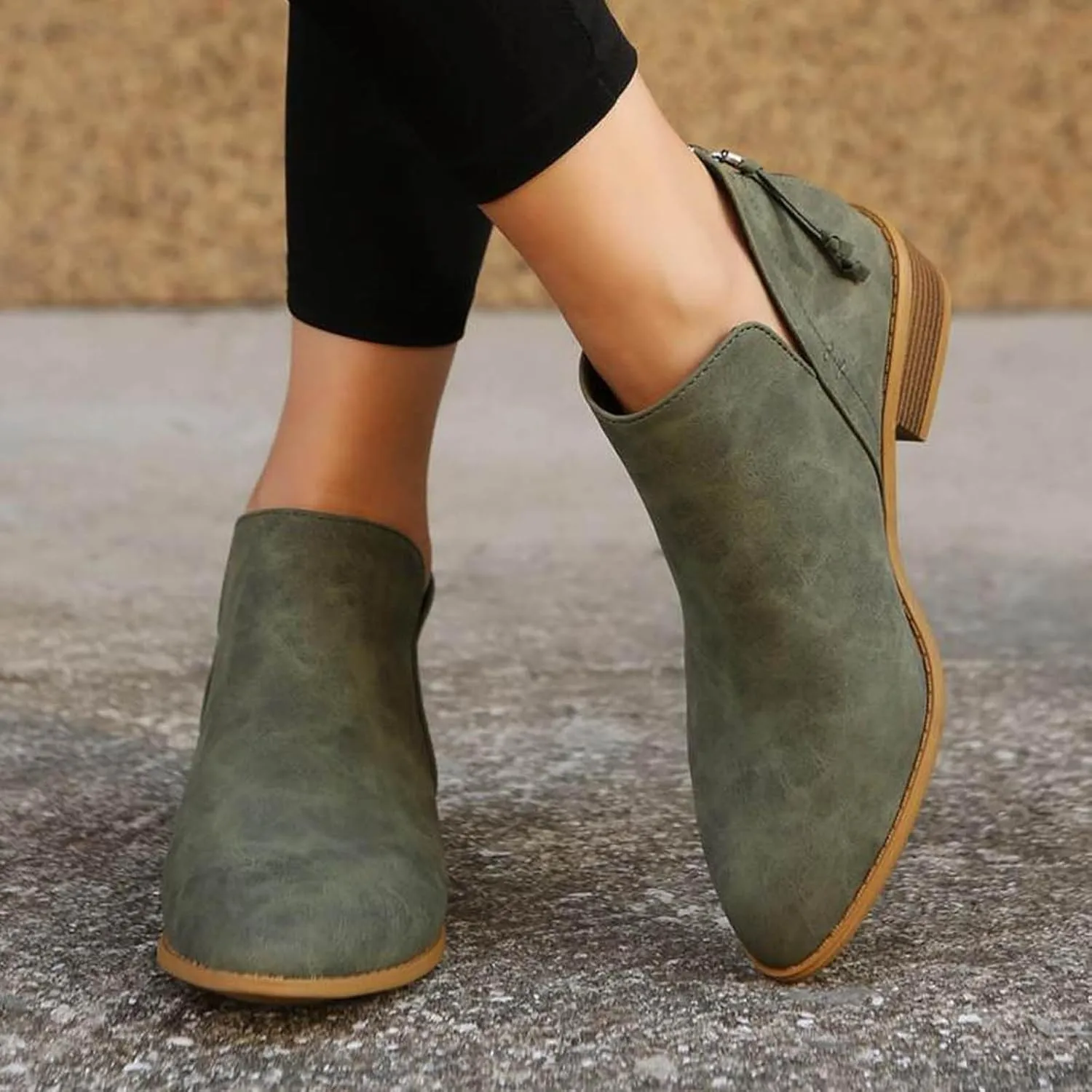 Cathalem Ankle Boots for Women Wide Calf Comfy V-Cutout Side Zip Low Heel Ankle BootiesVintage Leather Hiking Shoes
