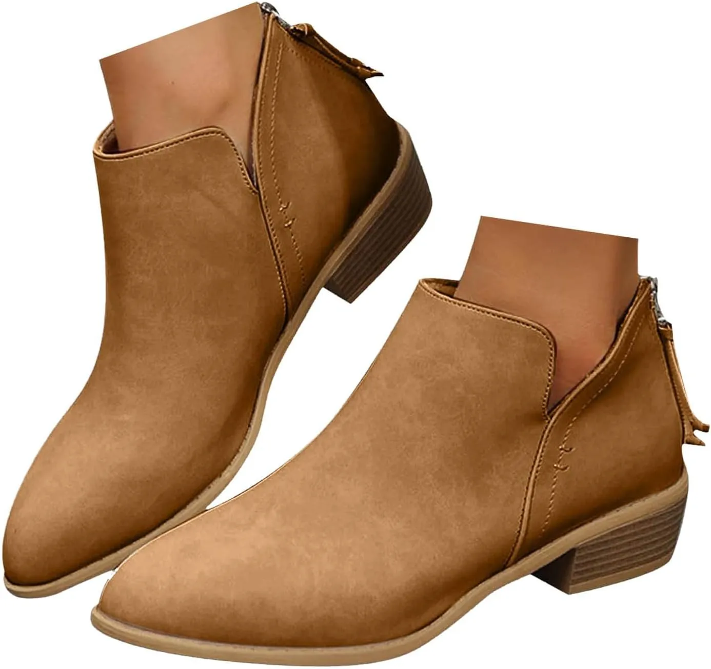 Cathalem Ankle Boots for Women Wide Calf Comfy V-Cutout Side Zip Low Heel Ankle BootiesVintage Leather Hiking Shoes