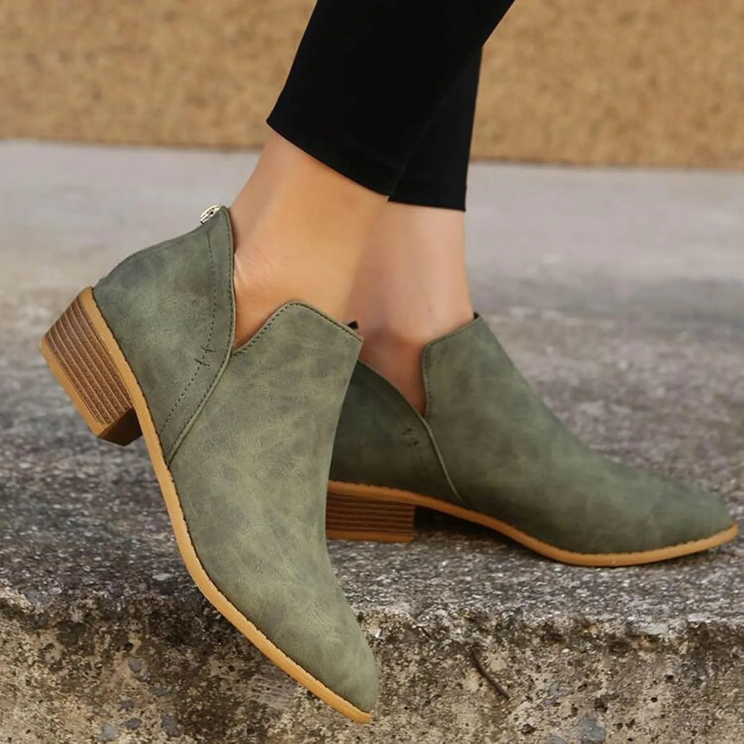 Cathalem Ankle Boots for Women Wide Calf Comfy V-Cutout Side Zip Low Heel Ankle BootiesVintage Leather Hiking Shoes