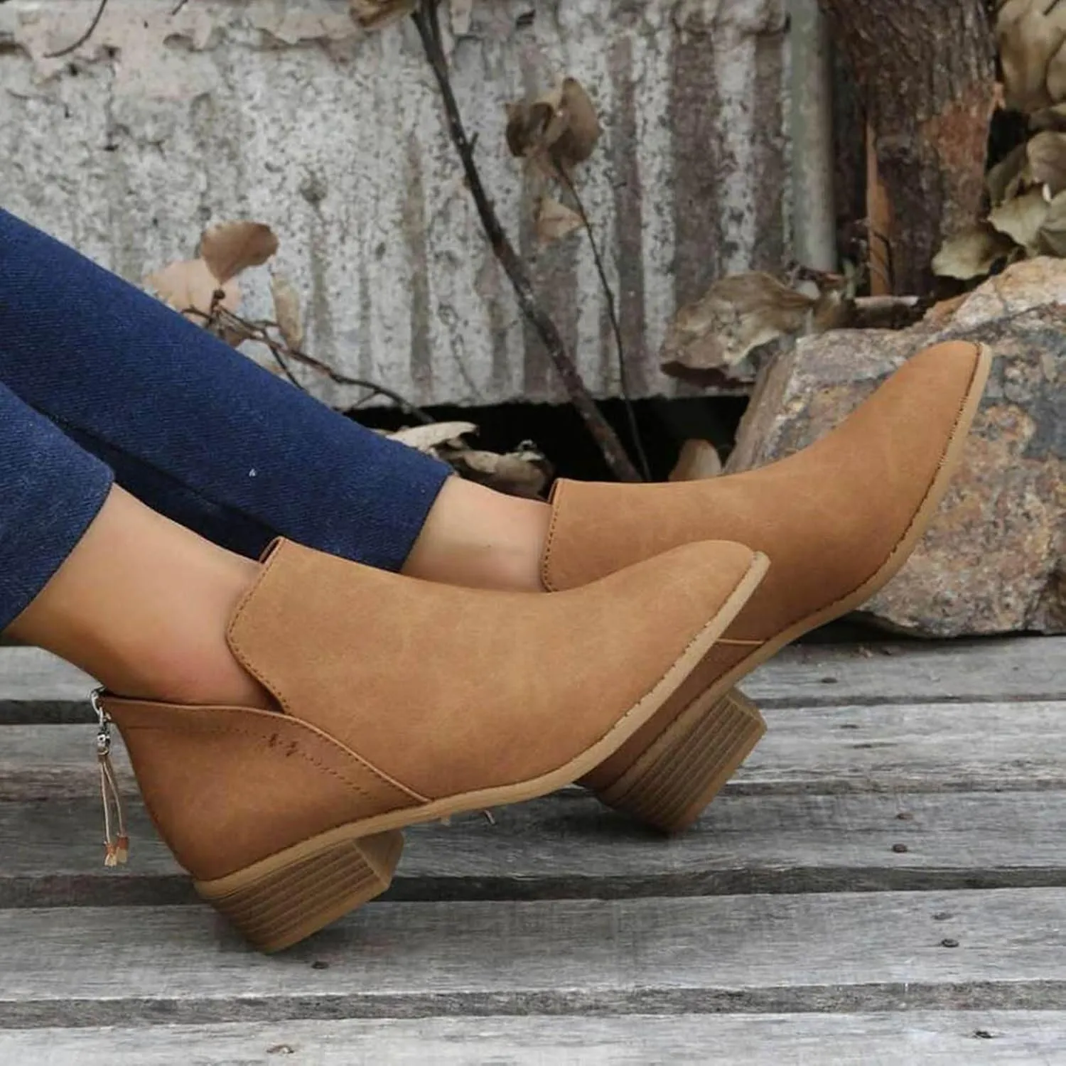 Cathalem Ankle Boots for Women Wide Calf Comfy V-Cutout Side Zip Low Heel Ankle BootiesVintage Leather Hiking Shoes