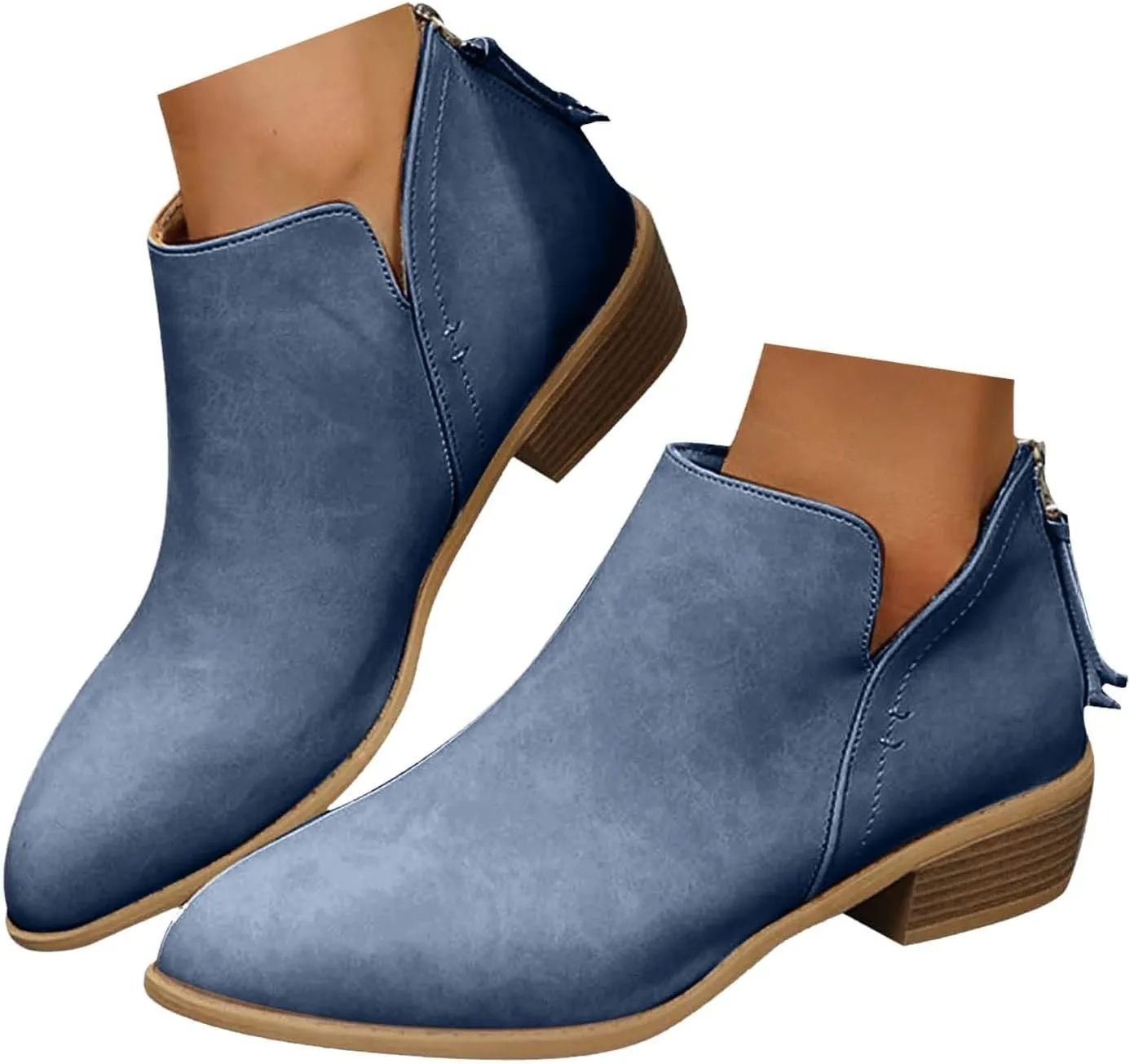 Cathalem Ankle Boots for Women Wide Calf Comfy V-Cutout Side Zip Low Heel Ankle BootiesVintage Leather Hiking Shoes