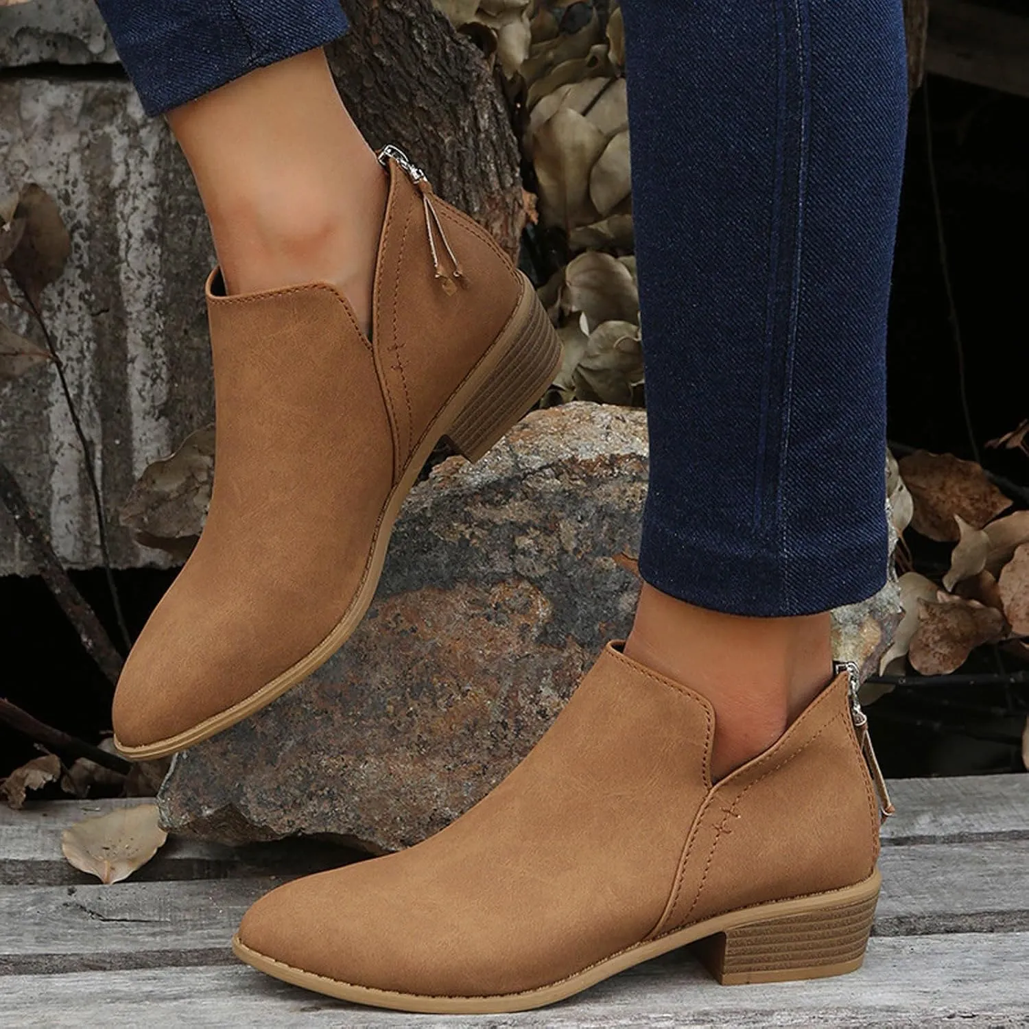 Cathalem Ankle Boots for Women Wide Calf Comfy V-Cutout Side Zip Low Heel Ankle BootiesVintage Leather Hiking Shoes