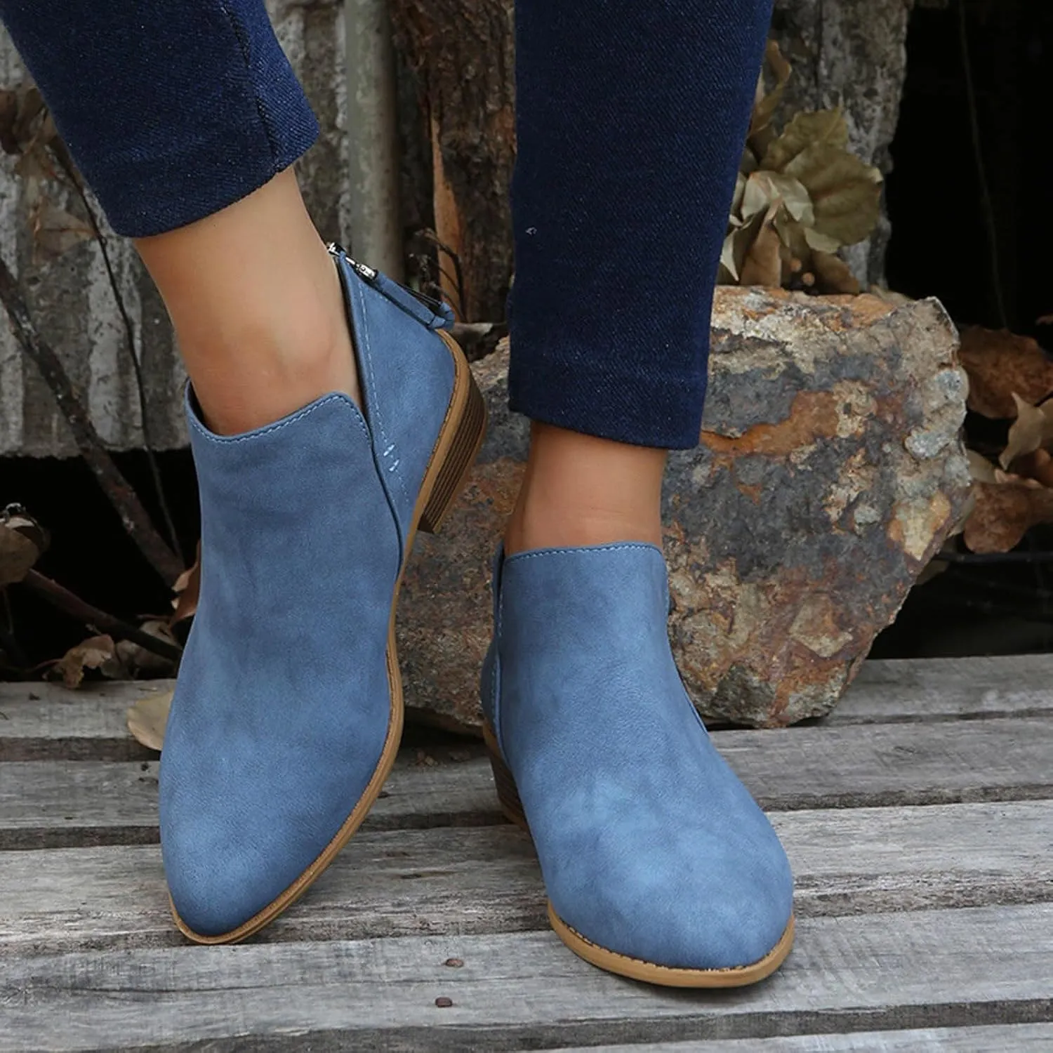 Cathalem Ankle Boots for Women Wide Calf Comfy V-Cutout Side Zip Low Heel Ankle BootiesVintage Leather Hiking Shoes