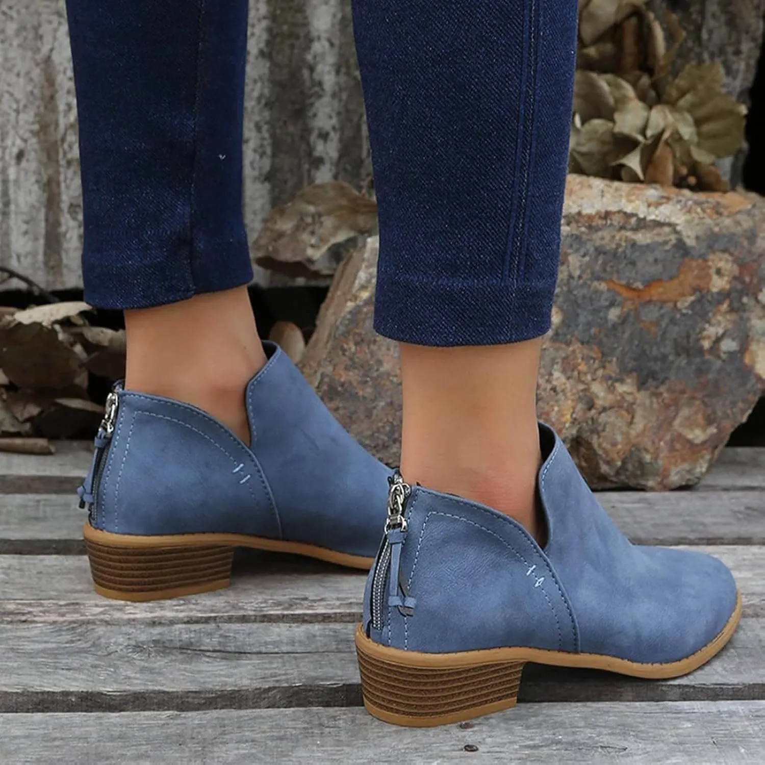 Cathalem Ankle Boots for Women Wide Calf Comfy V-Cutout Side Zip Low Heel Ankle BootiesVintage Leather Hiking Shoes