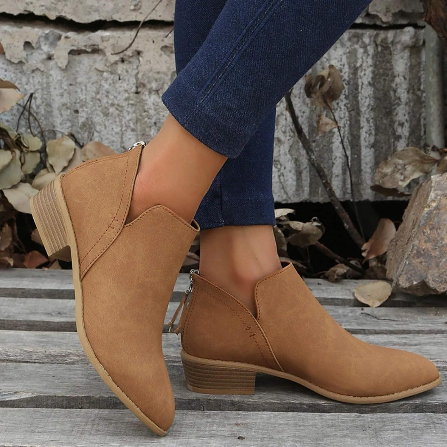 Cathalem Ankle Boots for Women Wide Calf Comfy V-Cutout Side Zip Low Heel Ankle BootiesVintage Leather Hiking Shoes