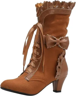 Cathalem Womens Victorian Boots Casual Lace Up Renaissance Boots 70s Mid Heels Vintage Boots Halloween Cosplay Witch Shoes