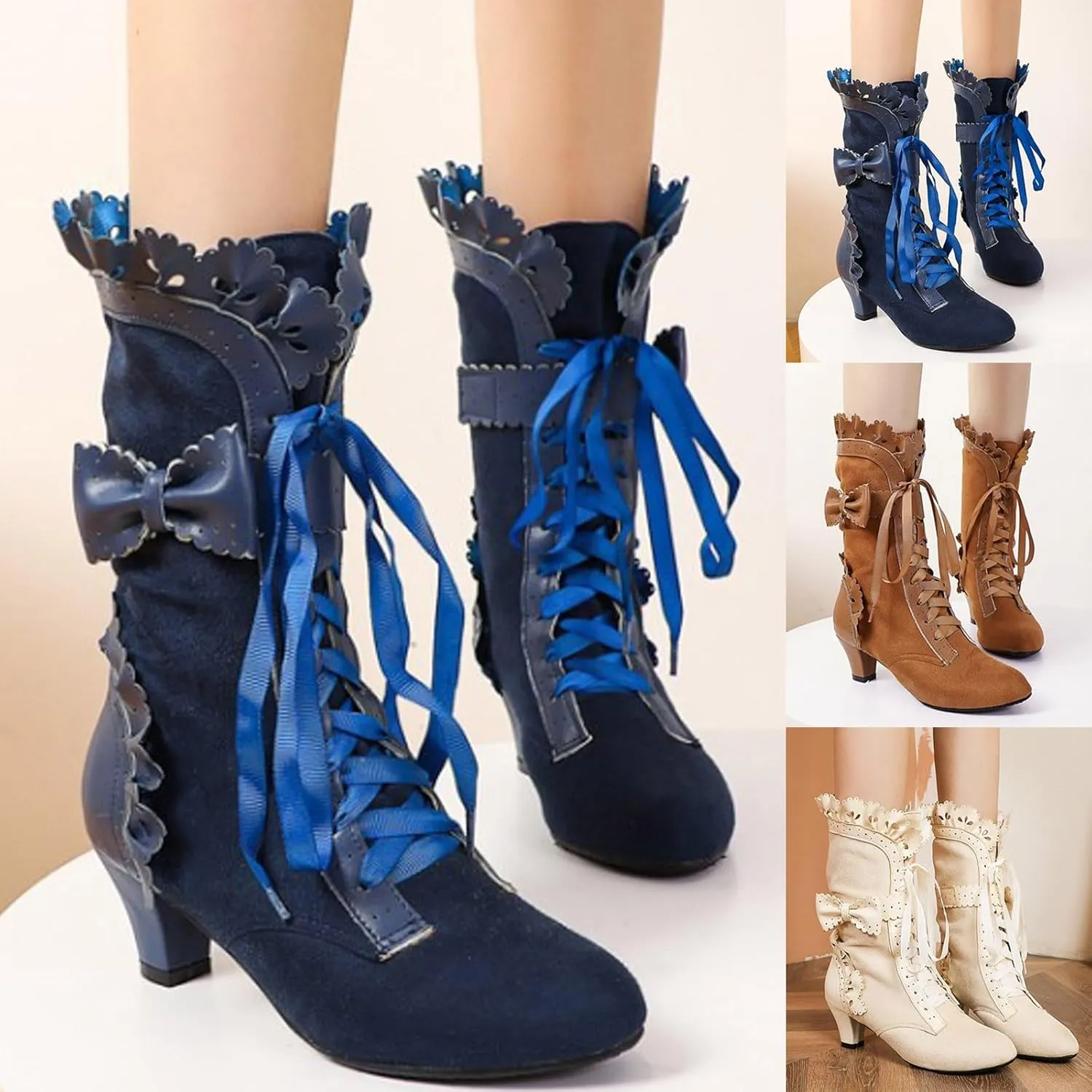 Cathalem Womens Victorian Boots Casual Lace Up Renaissance Boots 70s Mid Heels Vintage Boots Halloween Cosplay Witch Shoes
