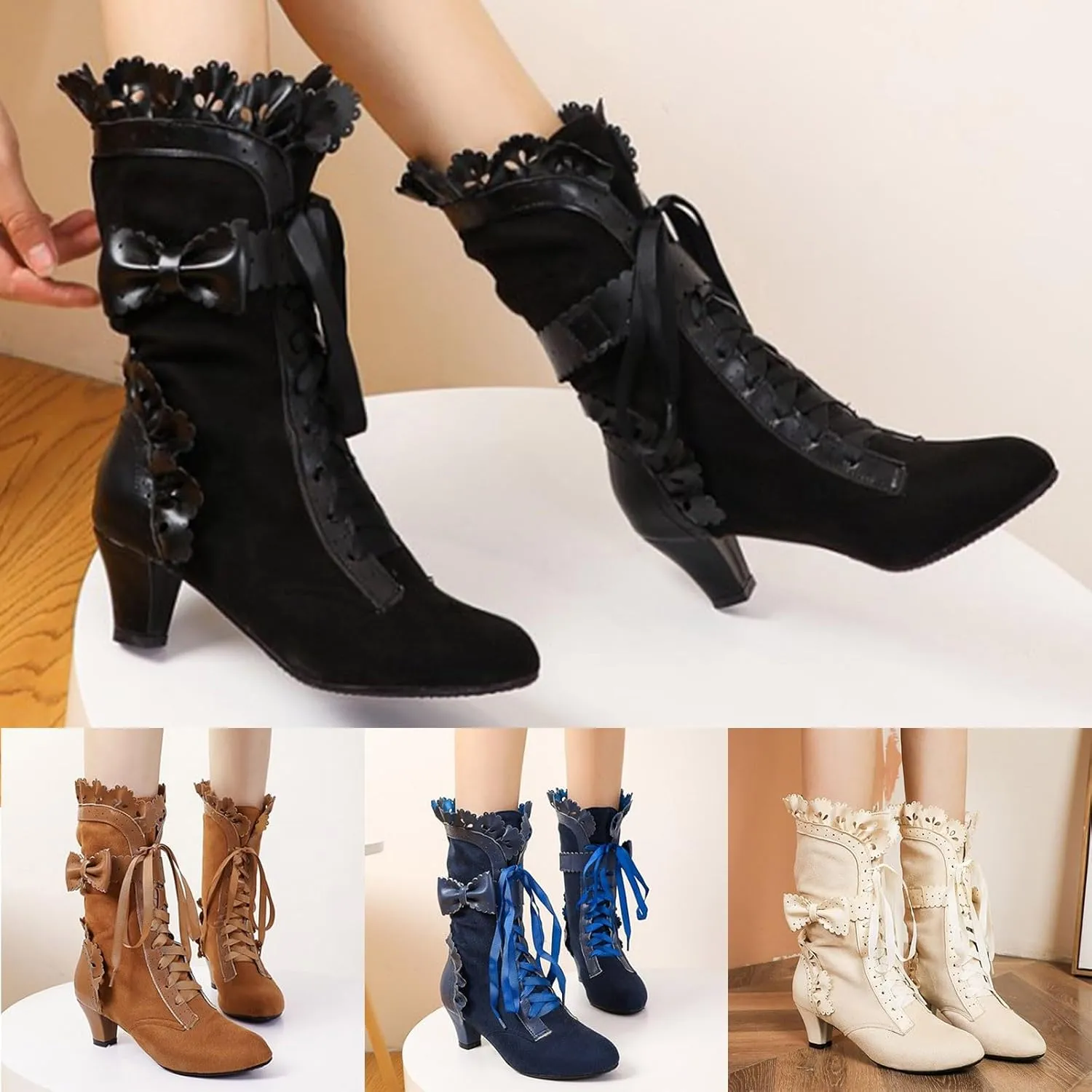 Cathalem Womens Victorian Boots Casual Lace Up Renaissance Boots 70s Mid Heels Vintage Boots Halloween Cosplay Witch Shoes