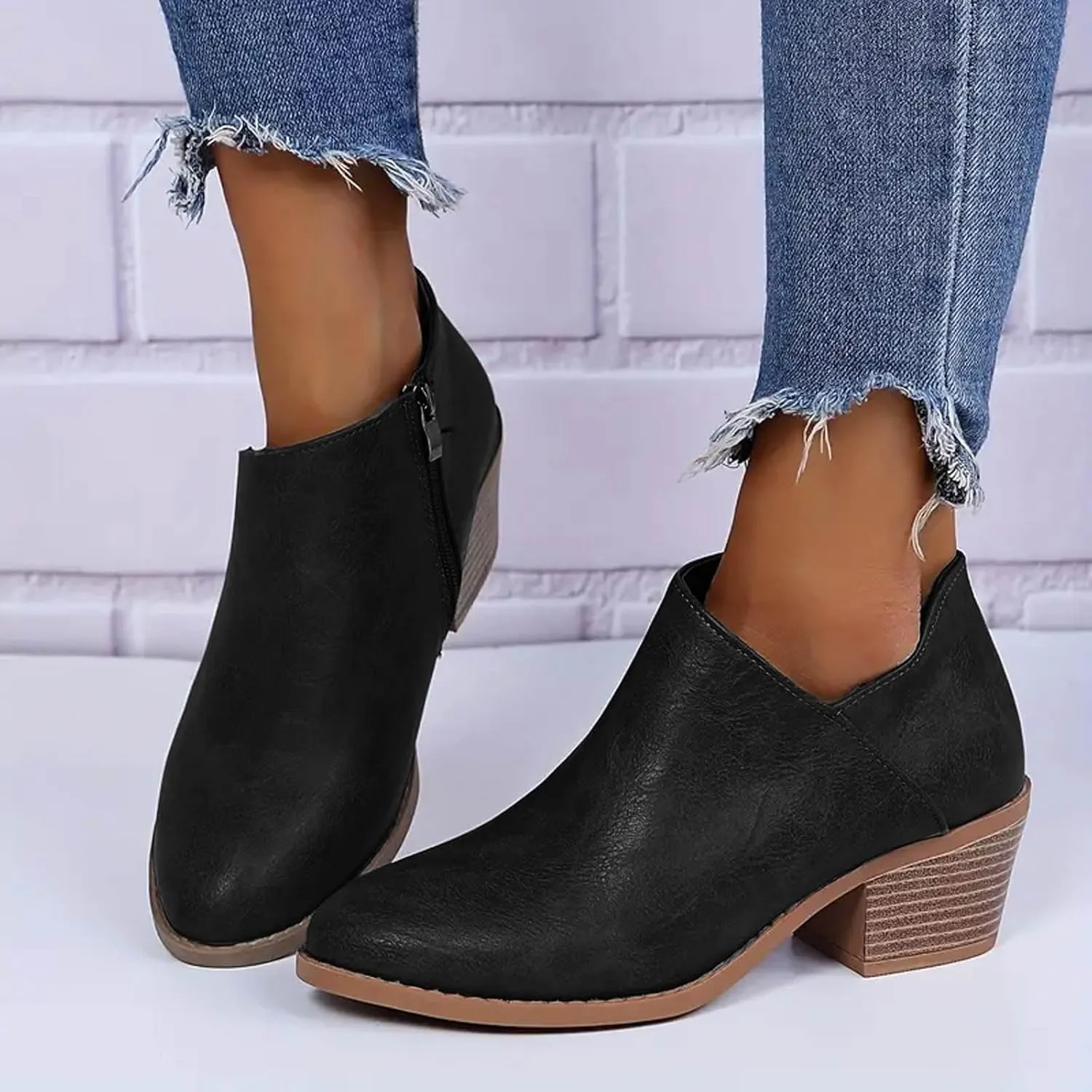 Cowboy Boots for Women Waterproof Slip On Pointed Toe Women's Ankle Rain Boots Chunky Heel Zipper Boot Bootie