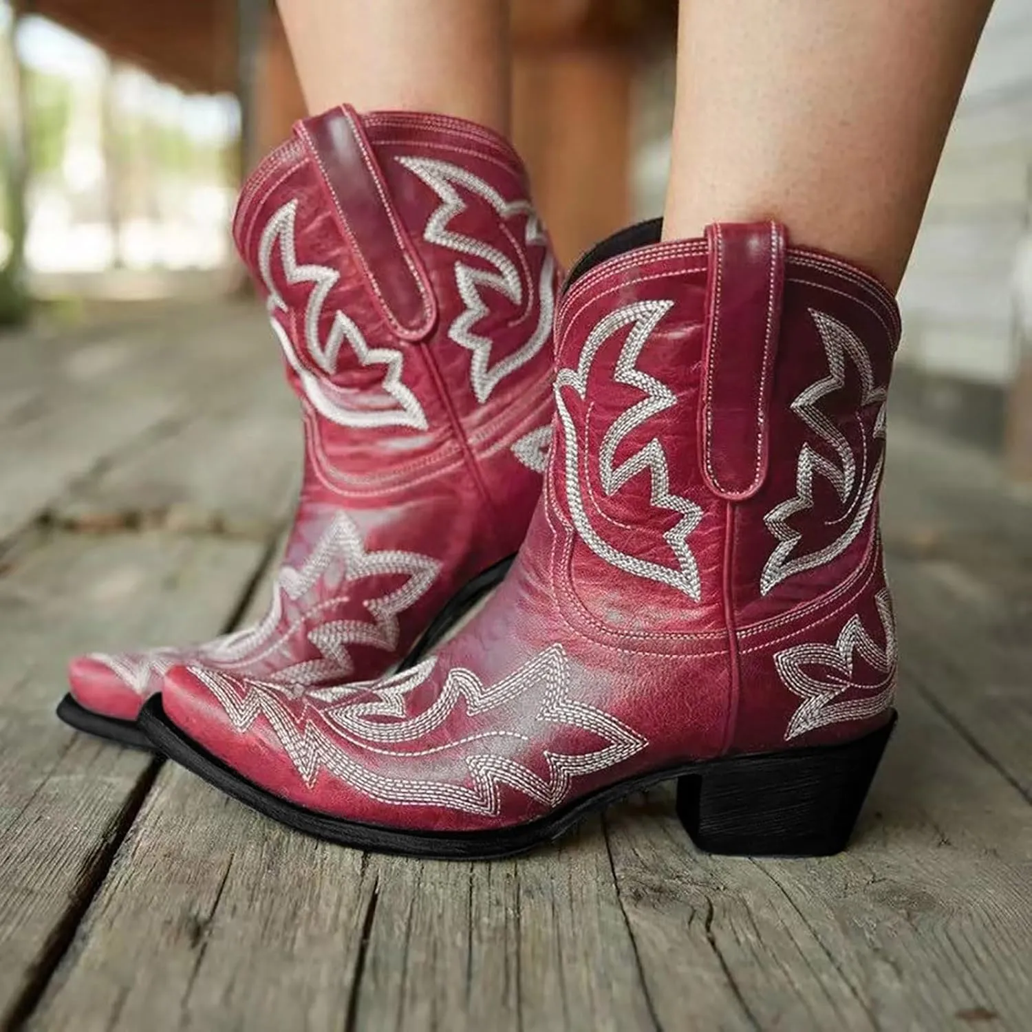 Cowboy Boots for Women Wide Calf Boots for Women Ankle Booties Vintage Cowboy Leather Non-Slip Low Heel Rider Boots