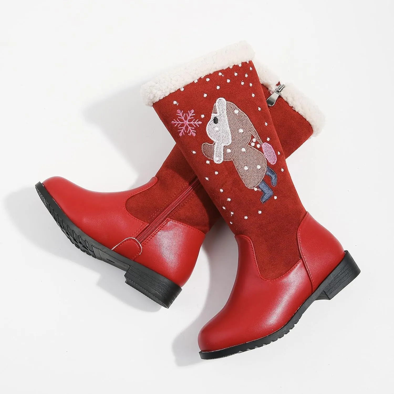 Cowgirl Boots for Girls Mid Calf Pointed Toe Kids Cowboy Boots Side Zipper Christmas Print Boots Party Dance Shoes
