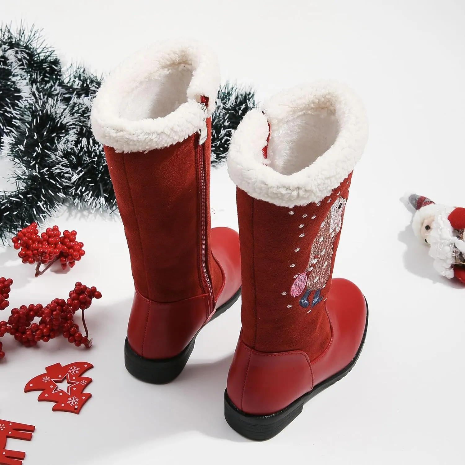 Cowgirl Boots for Girls Mid Calf Pointed Toe Kids Cowboy Boots Side Zipper Christmas Print Boots Party Dance Shoes