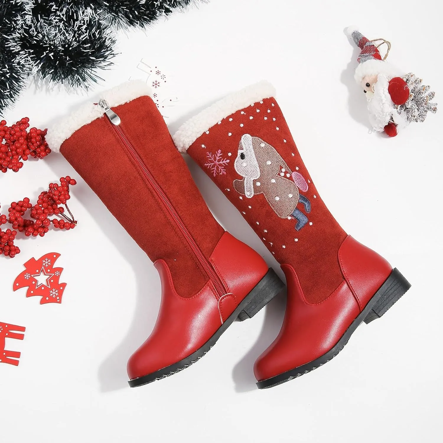 Cowgirl Boots for Girls Mid Calf Pointed Toe Kids Cowboy Boots Side Zipper Christmas Print Boots Party Dance Shoes