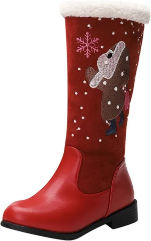 Cowgirl Boots for Girls Mid Calf Pointed Toe Kids Cowboy Boots Side Zipper Christmas Print Boots Party Dance Shoes