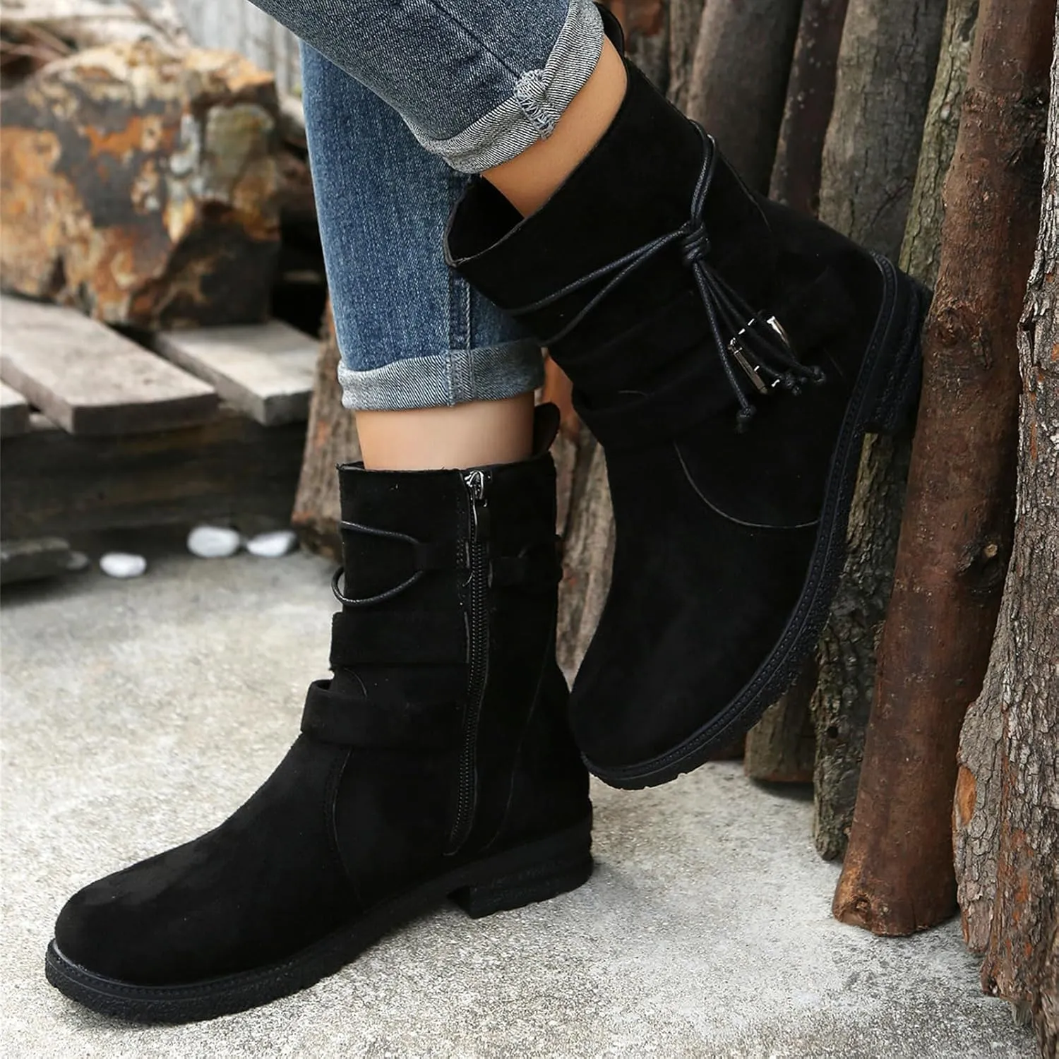 Cowgirl Bo_ots Women Wide_Calf Zipper Ankle bo_otie Winter Mid_Calf Military Combat bo_ots Low He_el Riding Biker bo_ots