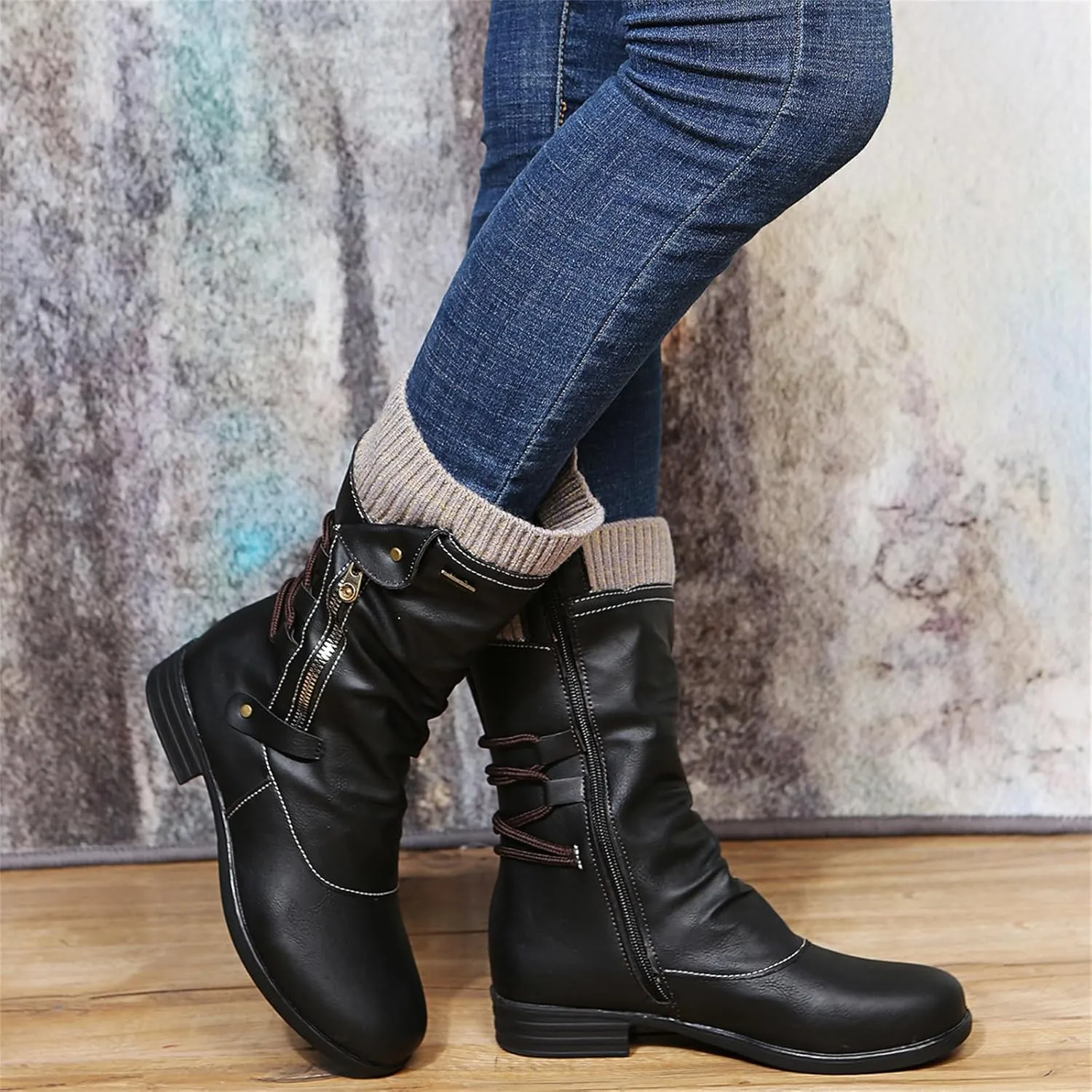 Cowgirl Bo_ots Women Wide_Calf Zipper Combat bo_ots Mid-Calf Military Winter bo_ot Low He_el Motorcycle Riding bo_ots