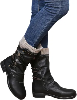 Cowgirl Bo_ots Women Wide_Calf Zipper Combat bo_ots Mid-Calf Military Winter bo_ot Low He_el Motorcycle Riding bo_ots
