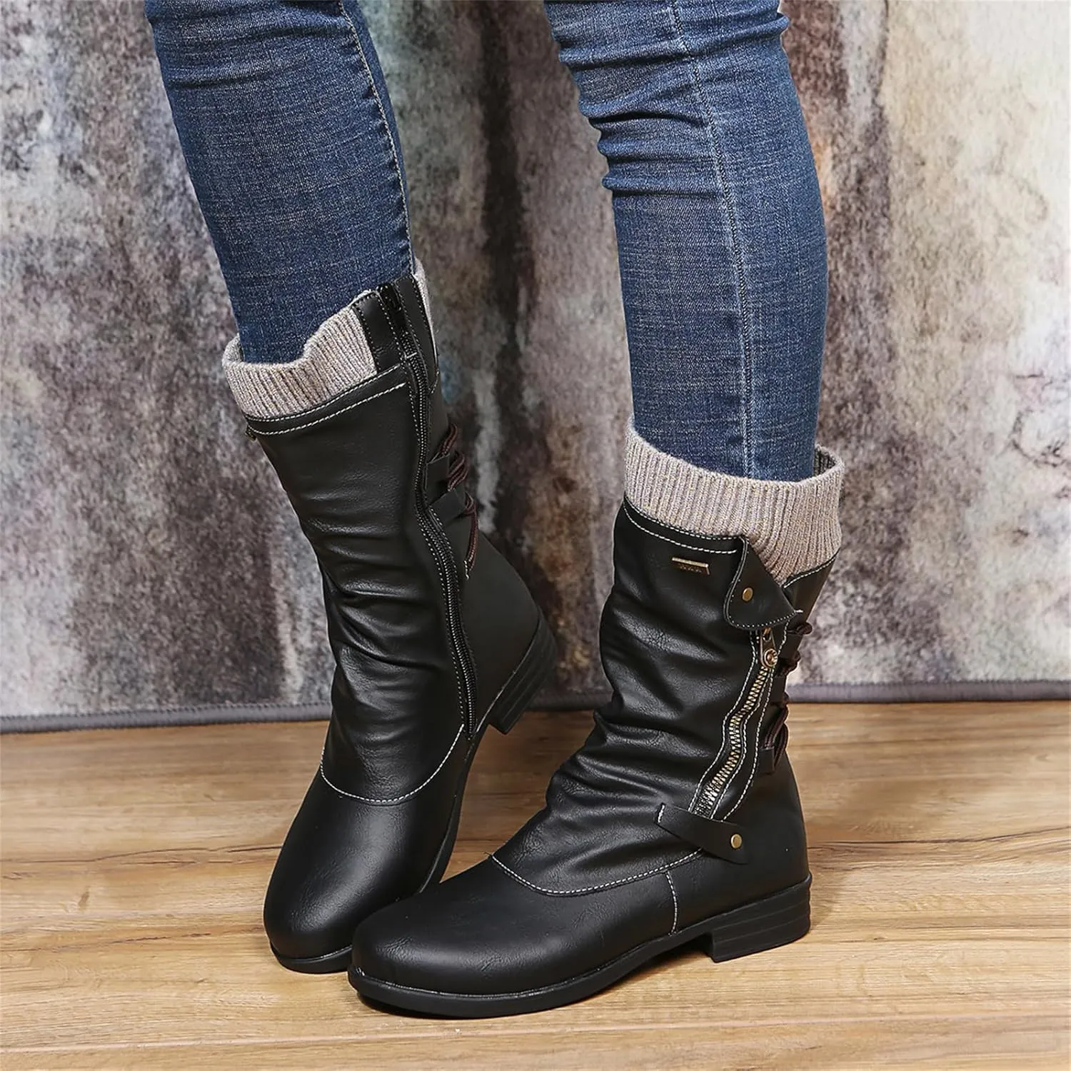 Cowgirl Bo_ots Women Wide_Calf Zipper Combat bo_ots Mid-Calf Military Winter bo_ot Low He_el Motorcycle Riding bo_ots