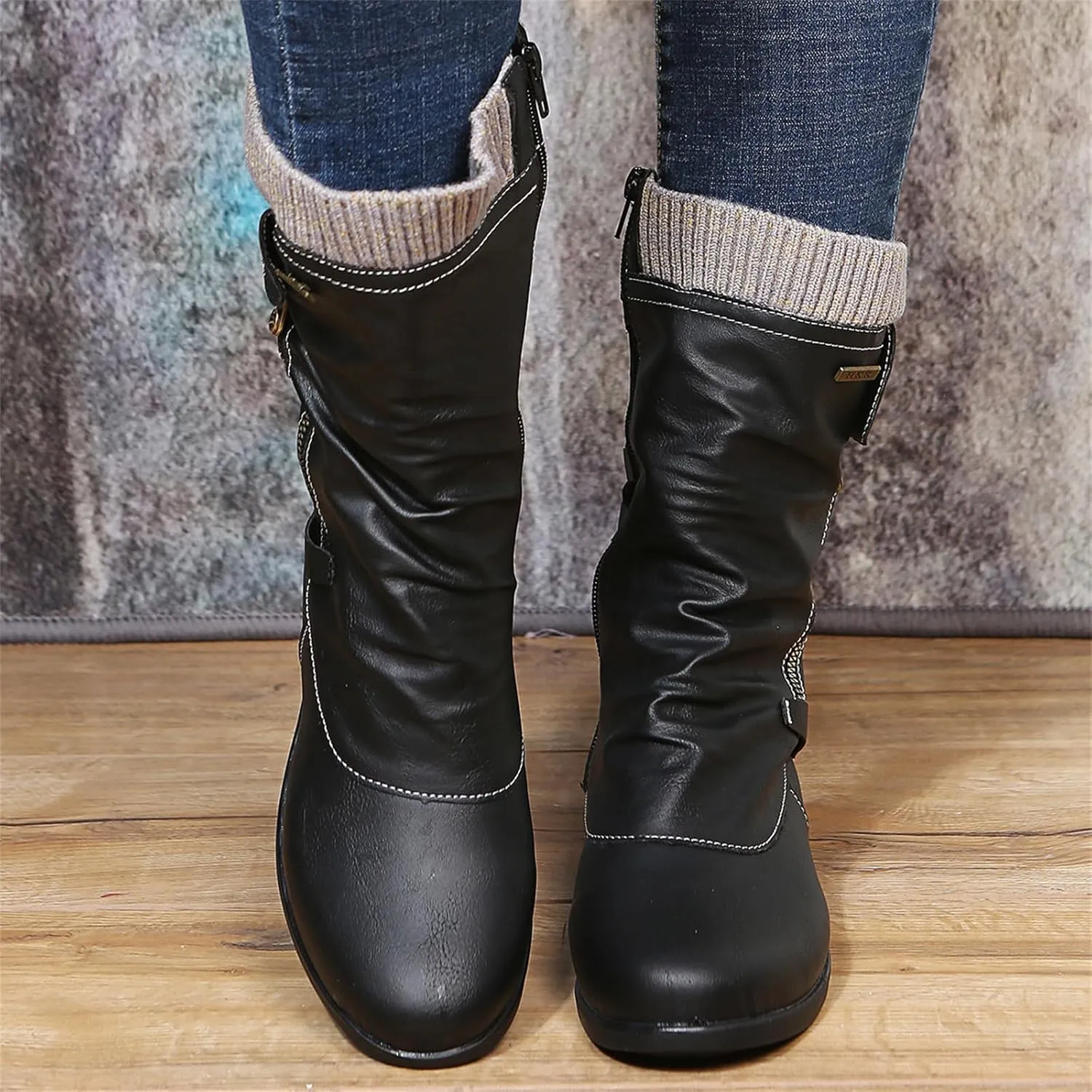 Cowgirl Bo_ots Women Wide_Calf Zipper Combat bo_ots Mid-Calf Military Winter bo_ot Low He_el Motorcycle Riding bo_ots