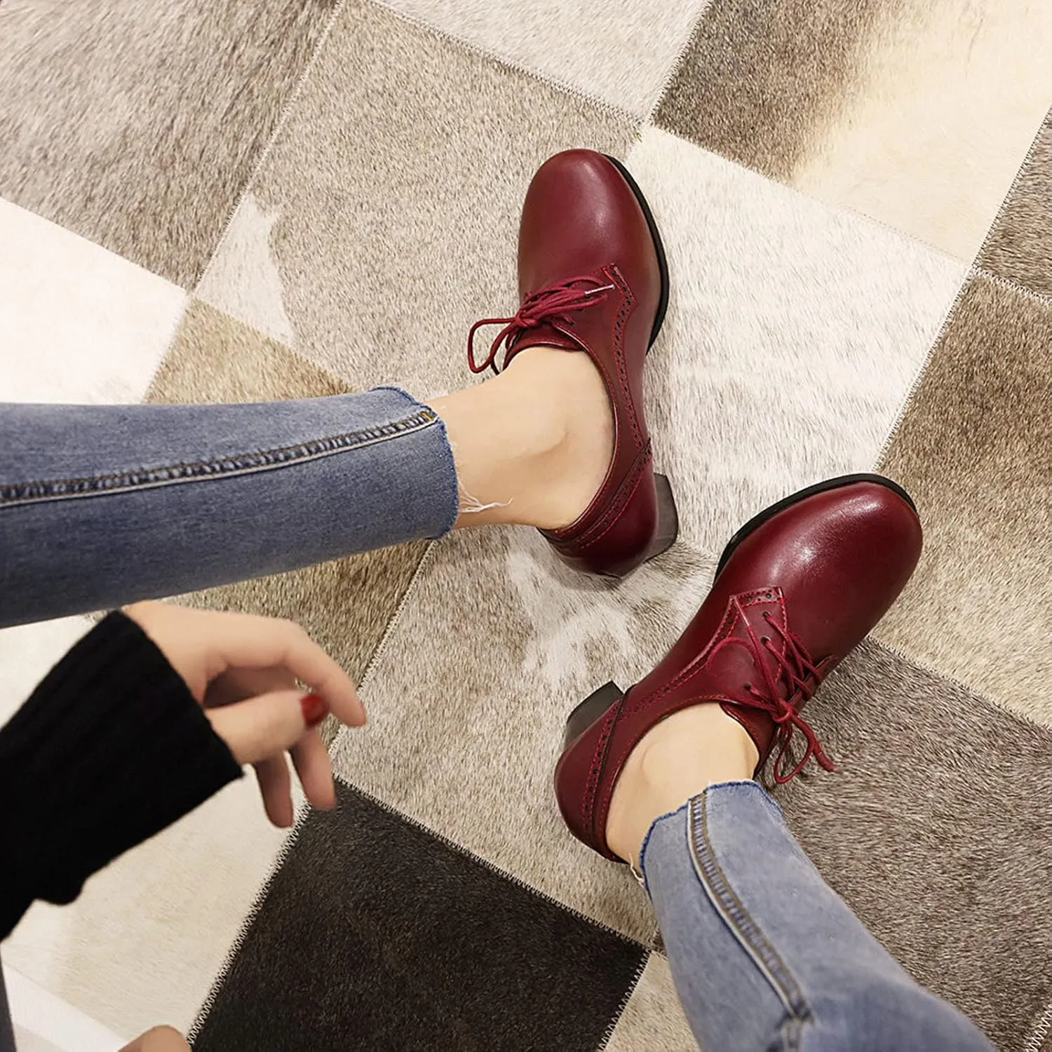 CYNLLIO Women's Block Chunky Heel Oxfords Shoes Vintage Lace-up Brogues Shoes Office Shoes Party Dress Shoes