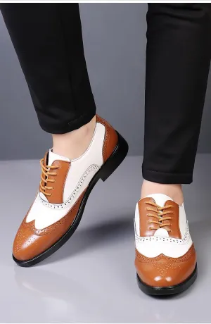 Dress Oxford for Men Lace Up Brogue Embossed Wing tip Two Tone Vegan Leather Oxford Shoes Slip Resistant Low Top Block Heel Party