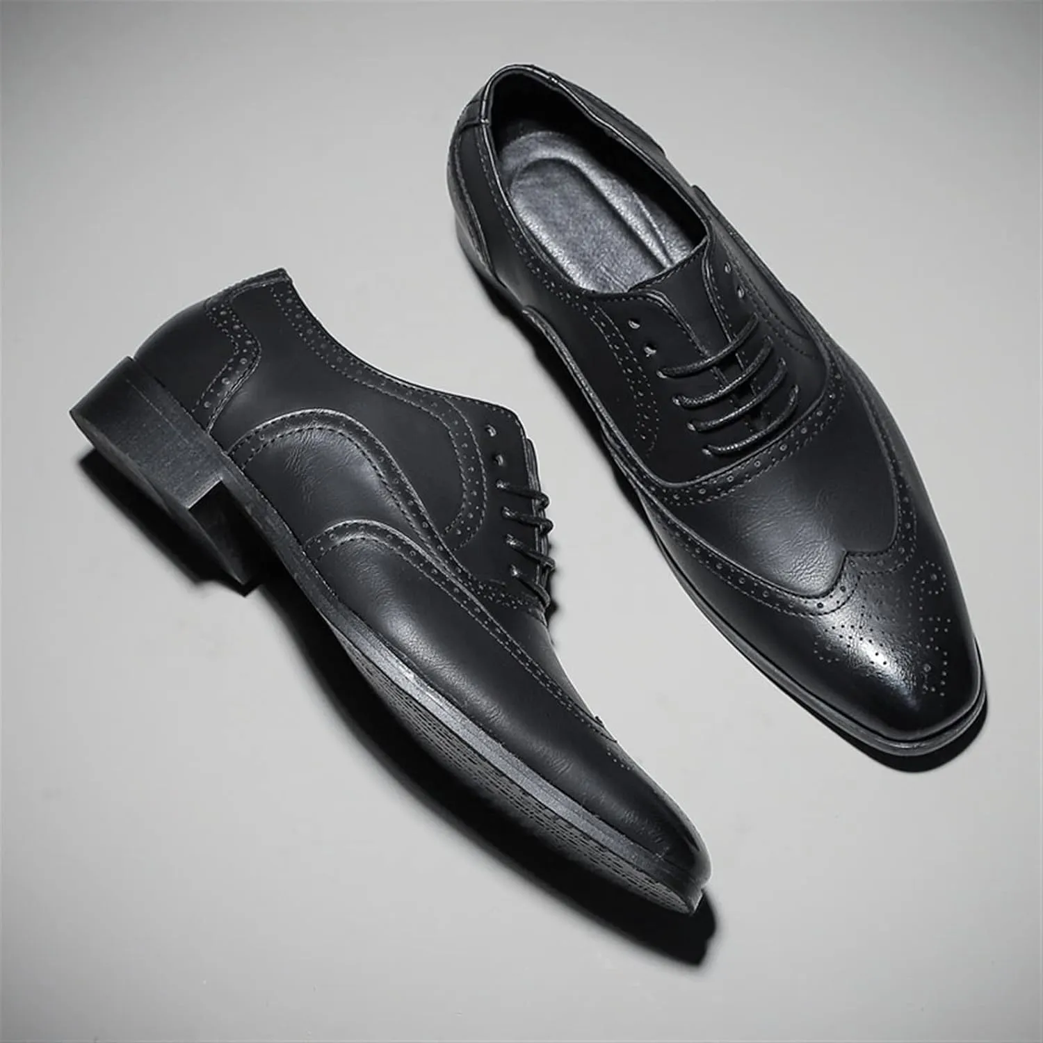 Dress Oxford Formal Shoes for Men Lace Up Brogue Embossed Burnished Wing Tip Vegan Leather Non Slip Resistant Rubber Sole Low Top Block Heel Wedding