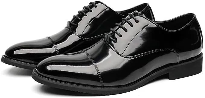 Dress Oxford Shoes for Men Lace Up Pointed Toe Vegan Leather Cap Toe Oxford Shoes Low Top Non Slip Anti-Slip Block Heel Rubber Sole Business