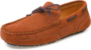 Easy to Put and Remove Driving Moccasins Smoking Loafer for Men Suede Vamp Stitching Details Deck Shoes Plain Toe Genuine Leather Resistant Flexible Flat Heel Soft Driving for All Occasions