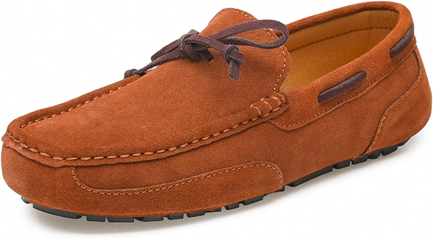 Easy to Put and Remove Driving Moccasins Smoking Loafer for Men Suede Vamp Stitching Details Deck Shoes Plain Toe Genuine Leather Resistant Flexible Flat Heel Soft Driving for All Occasions