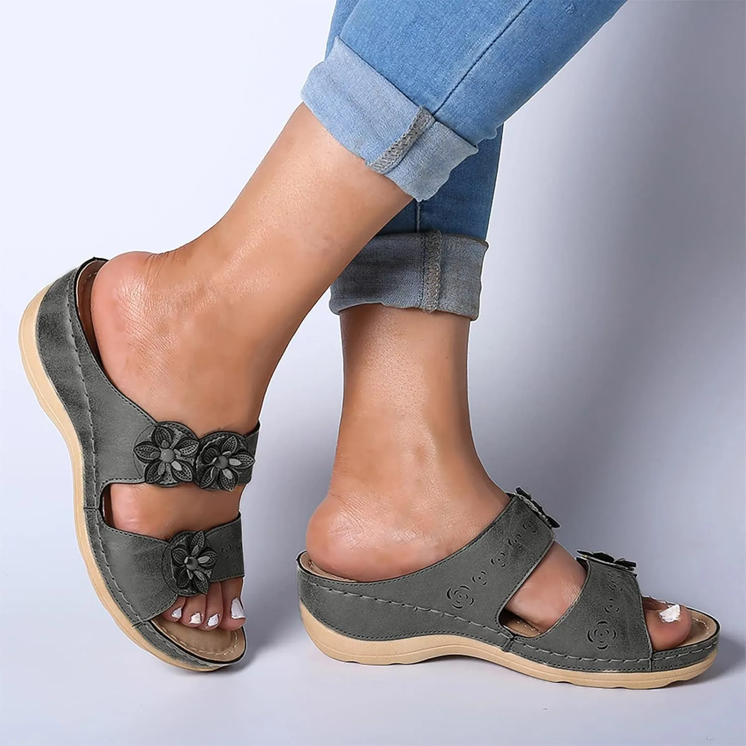 Eduavar Orthopedic Sandals for Women, Summer Beach Sandals for Women Comfy Casual Breathable Open Toe Low Wedge Sandals