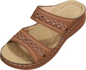 Eduavar Orthopedic Sandals for Women, Walking Sandals Women Comfort Open Toe Slip-on Sandals Low Wedge Beach Sandals Slippers