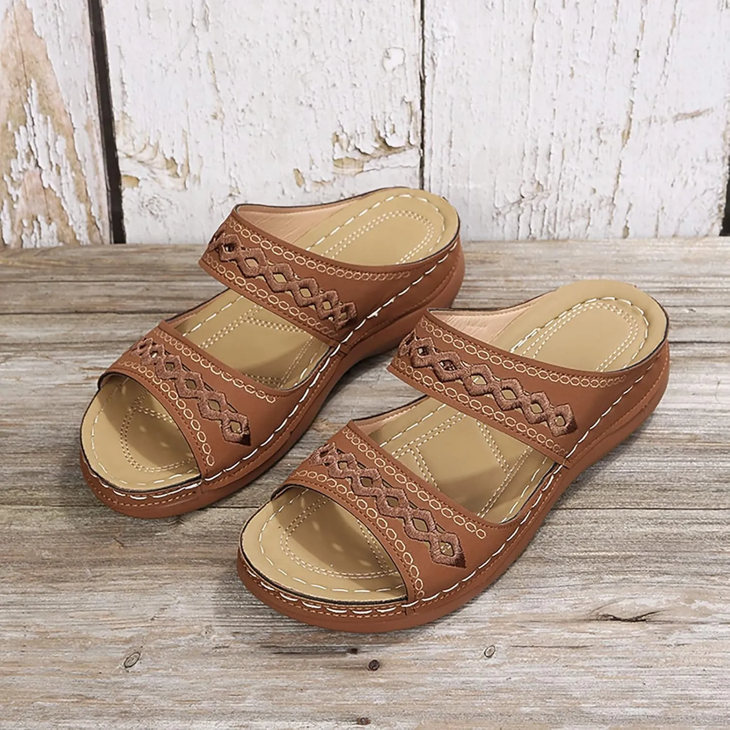 Eduavar Orthopedic Sandals for Women, Walking Sandals Women Comfort Open Toe Slip-on Sandals Low Wedge Beach Sandals Slippers
