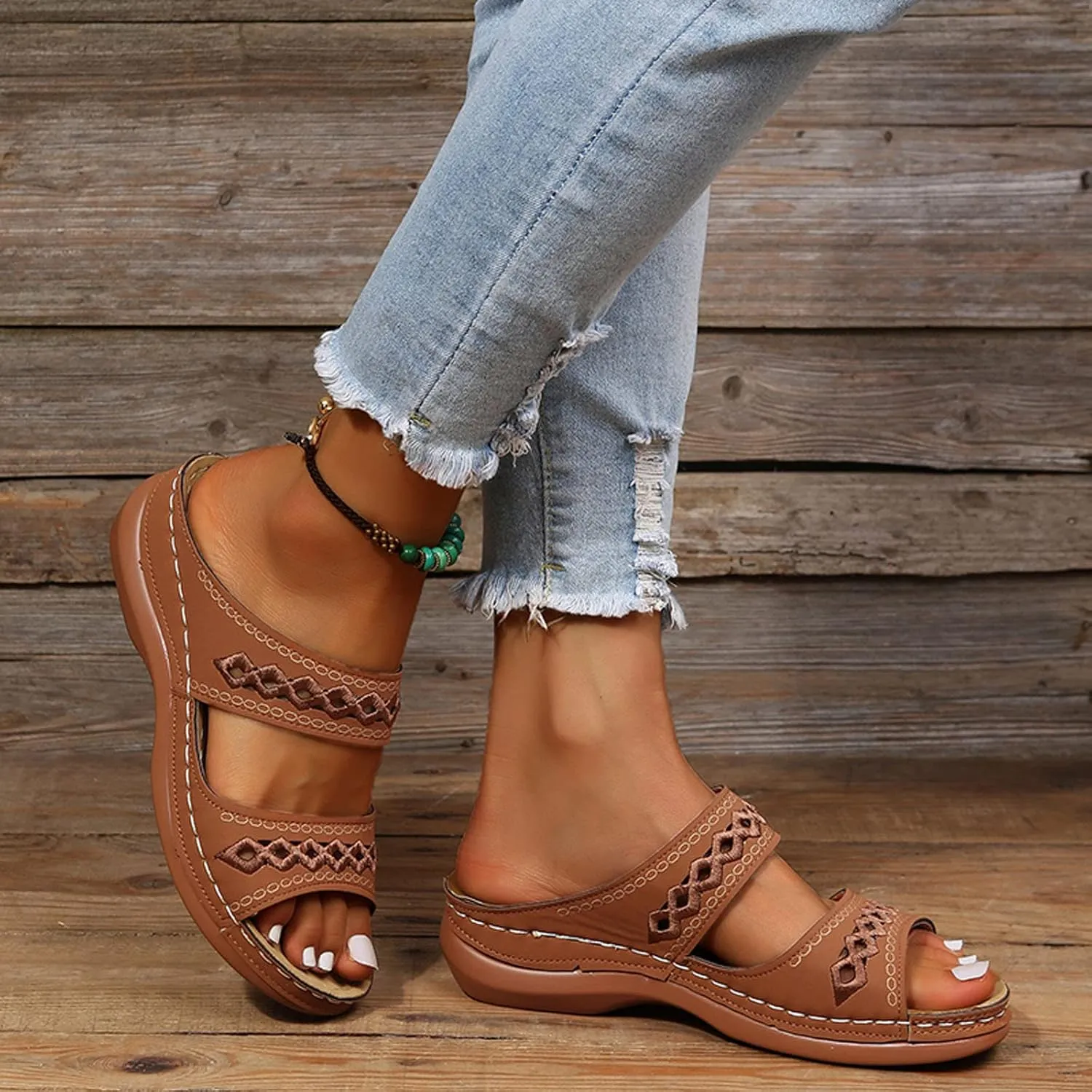 Eduavar Orthopedic Sandals for Women, Walking Sandals Women Comfort Open Toe Slip-on Sandals Low Wedge Beach Sandals Slippers