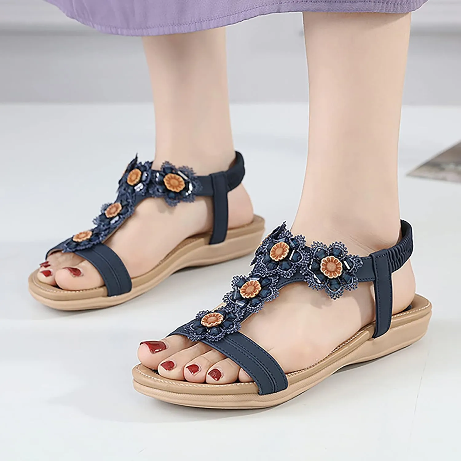 Eduavar Orthopedic Sandals for Women, Womens Sandals Comfortable Bohemia Crystal Open Toe Low Wedge Sandals Breathable Sandal