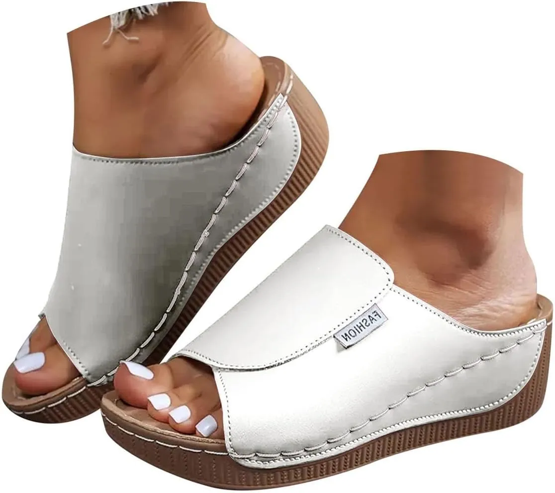 Eduavar Sandals for Women 2025 Casual Comfortable Arch Support Sandals Summer Orthotic Leather Platform Slip on Slippers