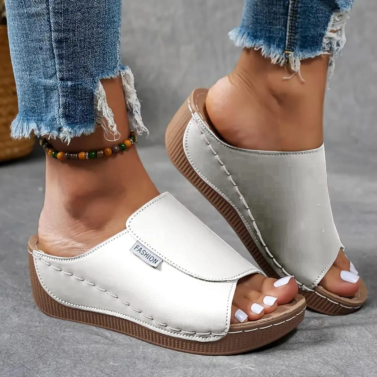 Eduavar Sandals for Women 2025 Casual Comfortable Arch Support Sandals Summer Orthotic Leather Platform Slip on Slippers