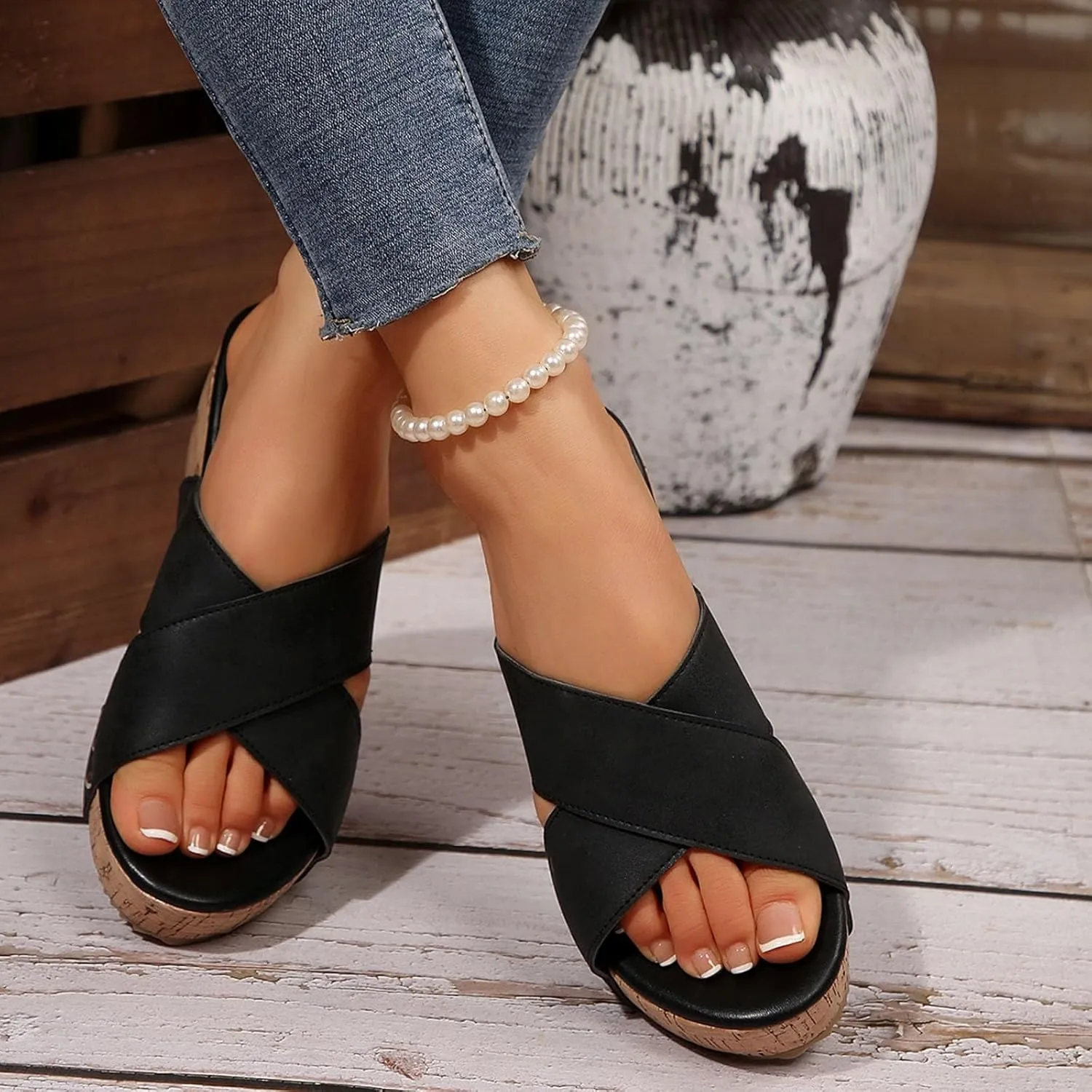 Eduavar Sandals for Women 2025 Slip On Comfortable Ankle Strap Open Toe Casual Platform Wedge Sandals Dressy Summer Shoes