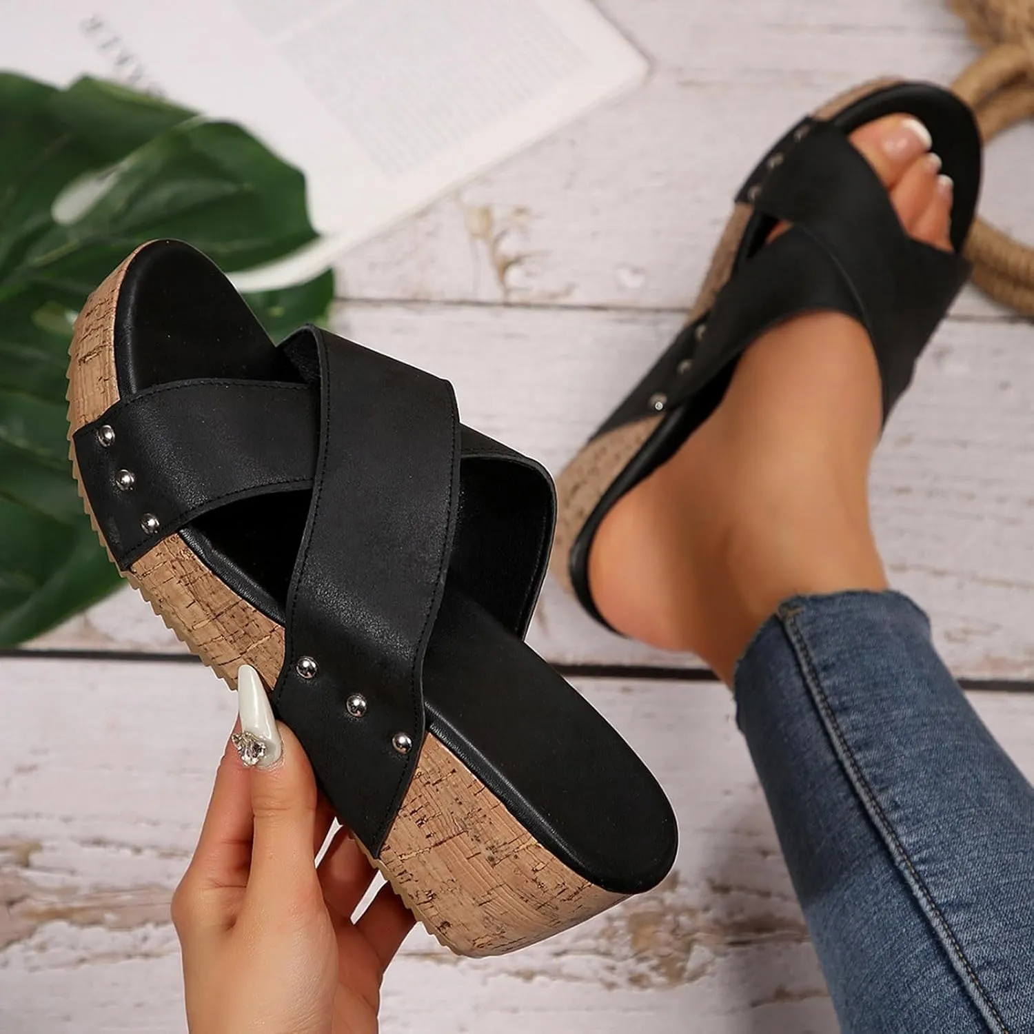 Eduavar Sandals for Women 2025 Slip On Comfortable Ankle Strap Open Toe Casual Platform Wedge Sandals Dressy Summer Shoes