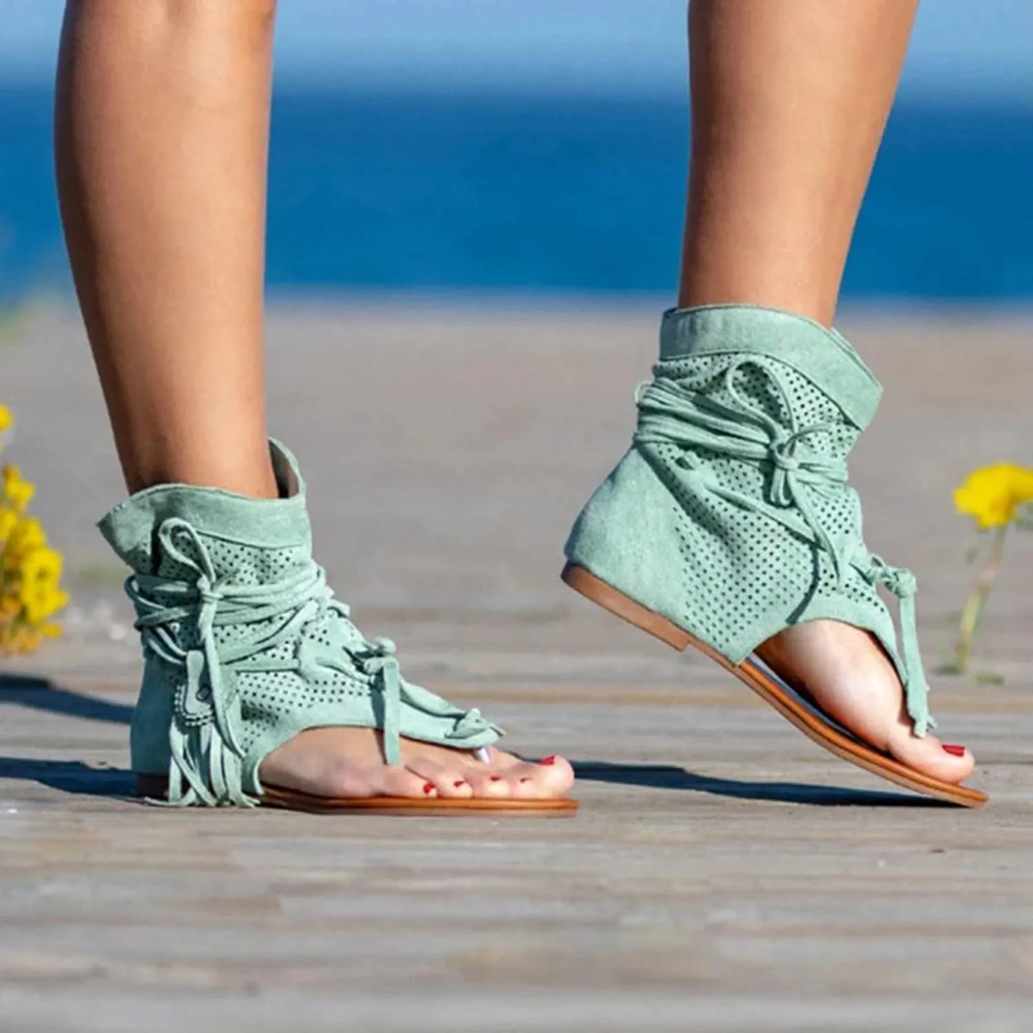 Eduavar Wedge Sandals for Women, Womens Sandals Summer Beach Sandals Floral Shoes Casual Ring Toe Flat Sandals
