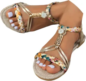 Eduavar Womens Sandals Arch Support Bohemian Comfort Dressy Rhinestone Summer Beach Flat Shoes Slip-on Ankle Strap Sandals