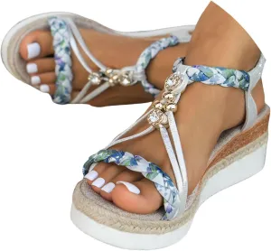 Eduavar Womens Sandals Arch Support Bohemian Comfort Dressy Rhinestone Summer Beach Wedge Shoes Slip-on Walking Sandals