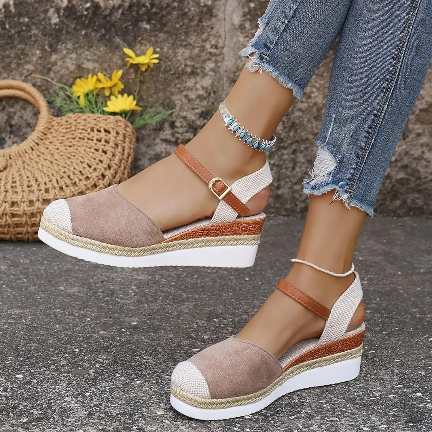 Eduavar Womens Sandals Casual Comfortable Cushion Adjustable Ankle Strap Sandals Flatform Platform Wedges Closed Toe Shoes