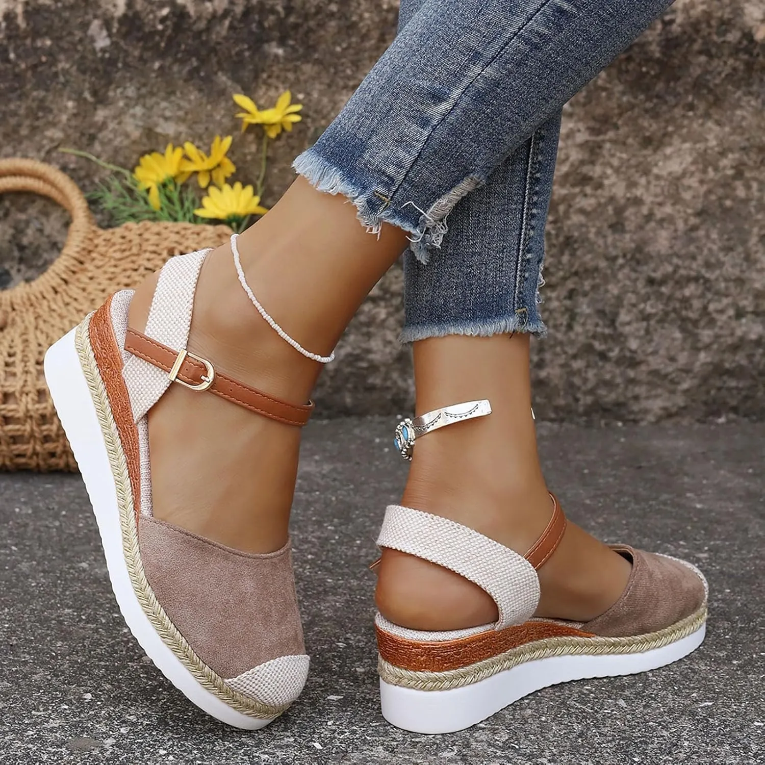 Eduavar Womens Sandals Casual Comfortable Cushion Adjustable Ankle Strap Sandals Flatform Platform Wedges Closed Toe Shoes