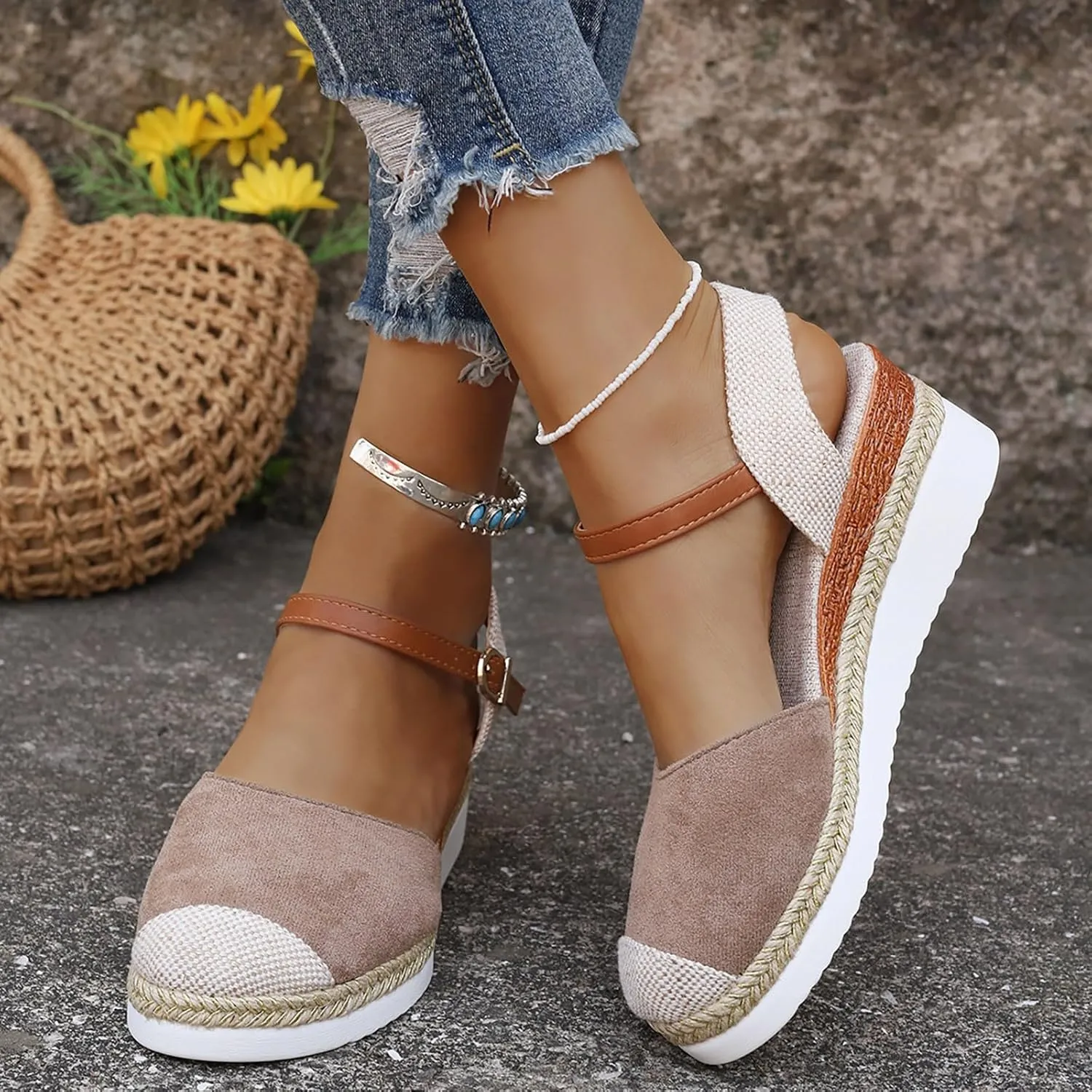 Eduavar Womens Sandals Casual Comfortable Cushion Adjustable Ankle Strap Sandals Flatform Platform Wedges Closed Toe Shoes