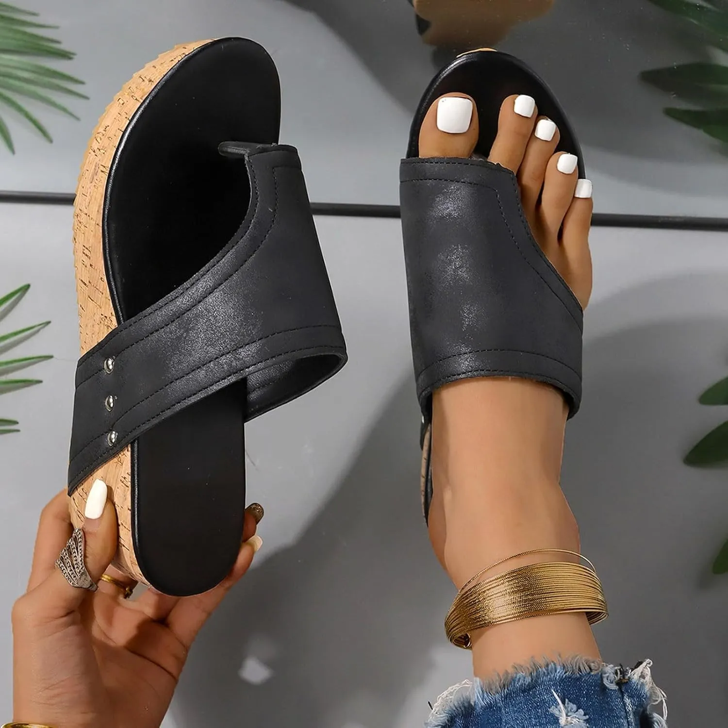 Eduavar Womens Sandals Casual Platform Outdoor Slides Slippers Wedges Slip On Open Toe Slippers Arch Support Dressy Shoes