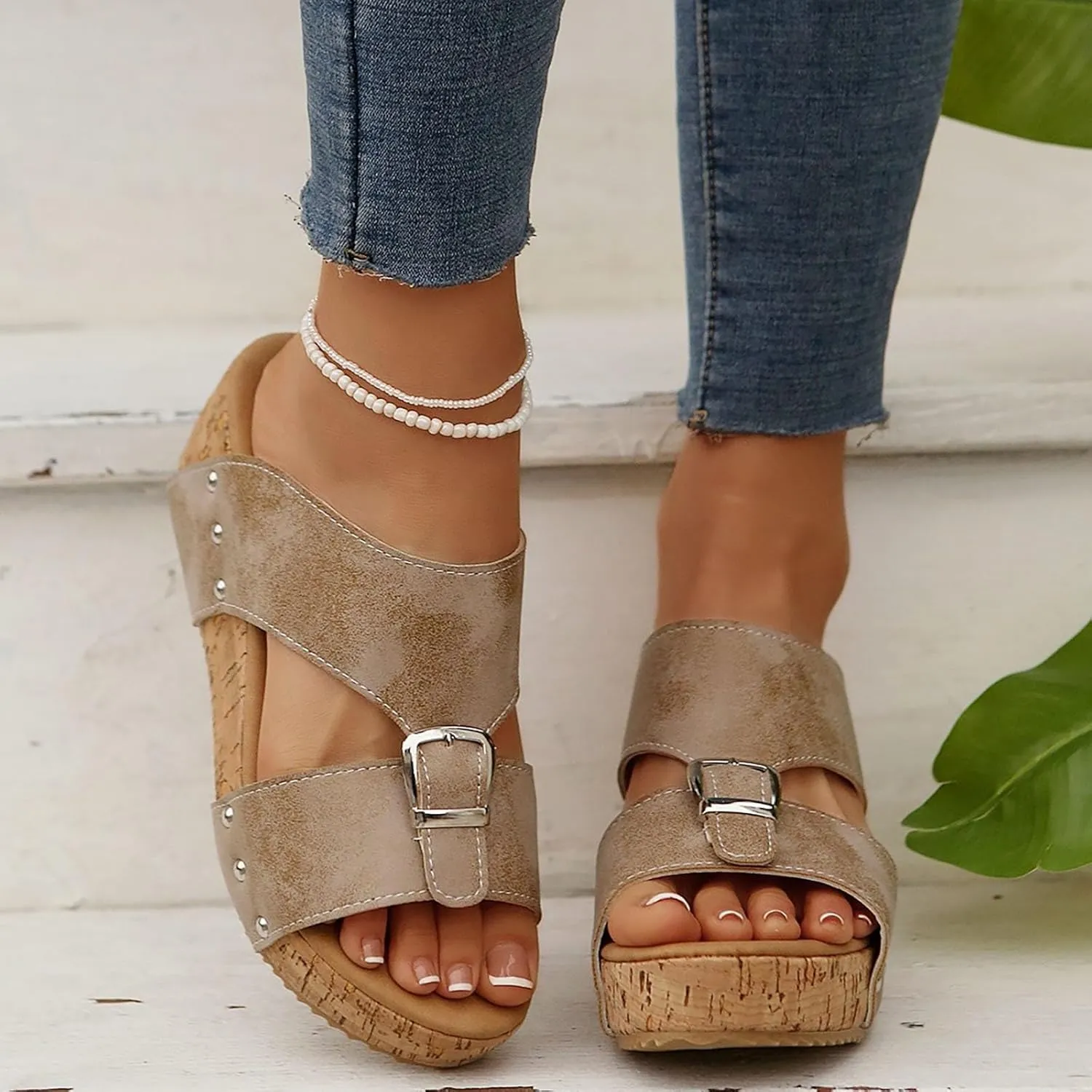 Eduavar Womens Sandals Casual Vintage Open Toe Comfortable Dressy Platform Slides Slippers Slip on Ankle Strap Wedge Shoes