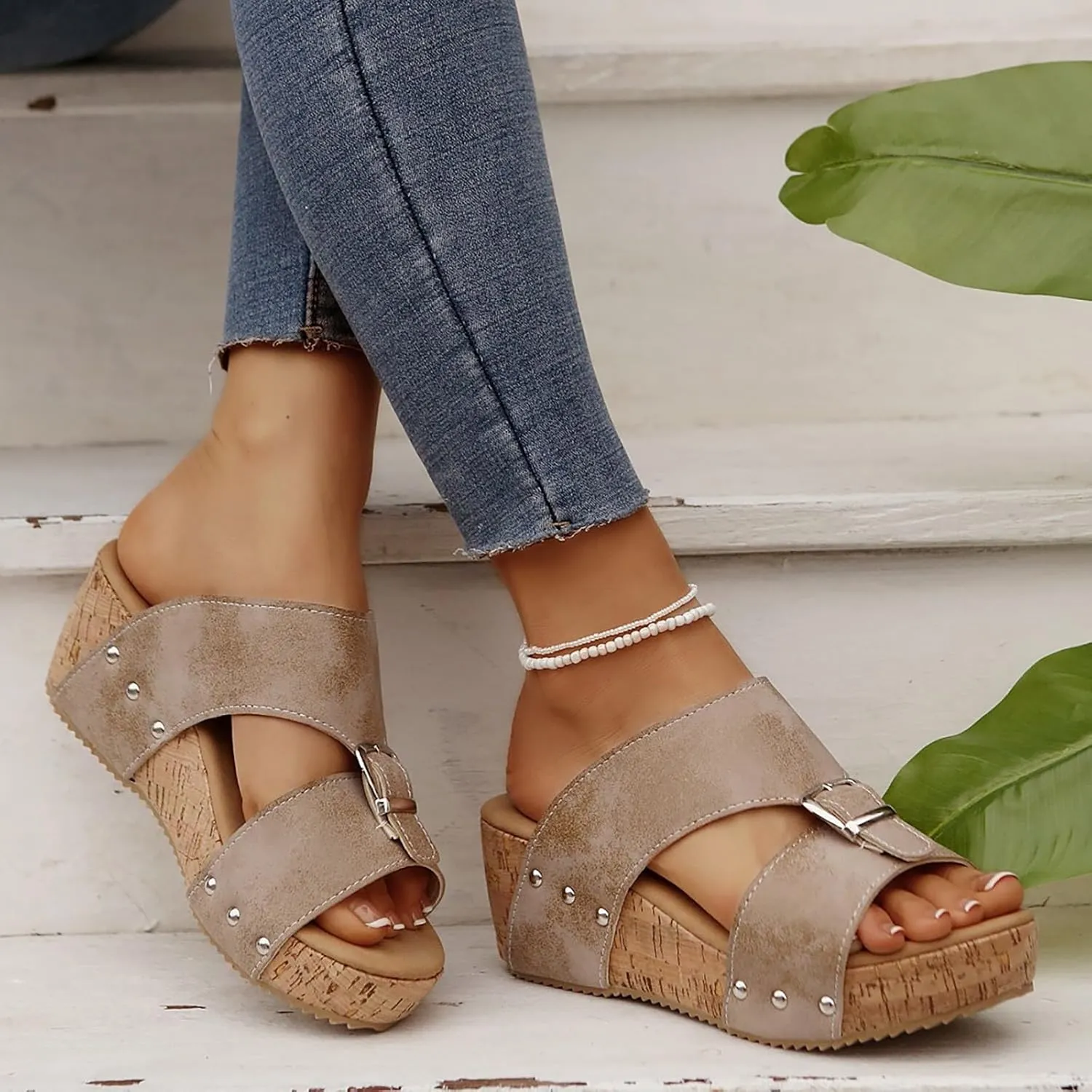 Eduavar Womens Sandals Casual Vintage Open Toe Comfortable Dressy Platform Slides Slippers Slip on Ankle Strap Wedge Shoes