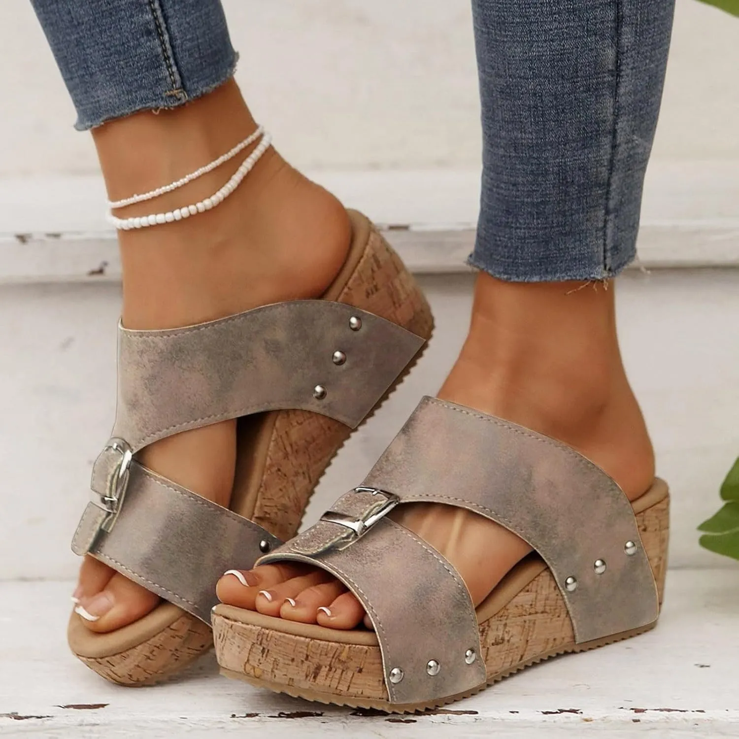 Eduavar Womens Sandals Casual Vintage Open Toe Comfortable Dressy Platform Slides Slippers Slip on Ankle Strap Wedge Shoes