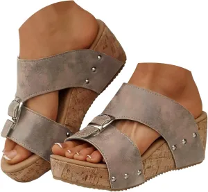Eduavar Womens Sandals Casual Vintage Open Toe Comfortable Dressy Platform Slides Slippers Slip on Ankle Strap Wedge Shoes