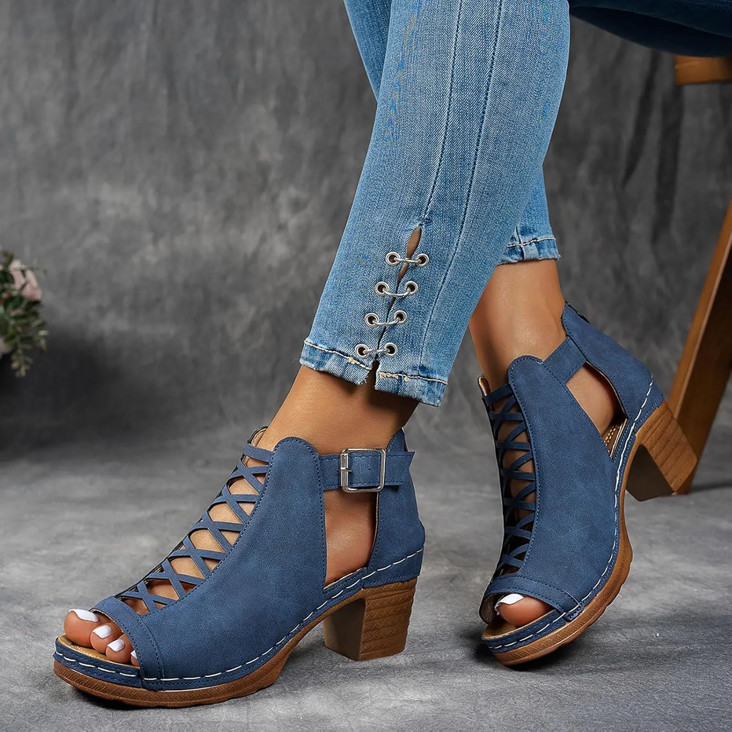 Eduavar Womens Sandals Comfortable, Sandals Women Fahsoin Aran Open Toe Heel Sandal Cut Out Boots Sandals with Ankle Strap